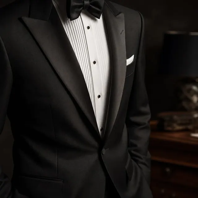 Close-up of a black bespoke tuxedo with silk lapel, pleated shirt and pocket square